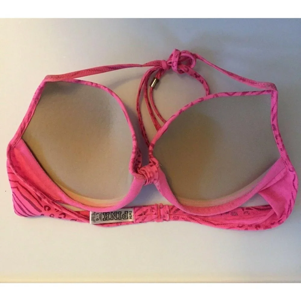 Pink Victoria Secret Swim Halter Top Size L Animal Print Bikini Padded Cups‎